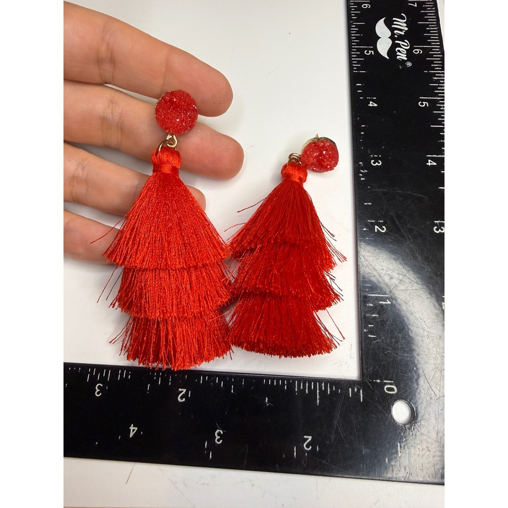 Red Tiered Tassel Drop Earrings Statement Triple Layer Fringe Post Back